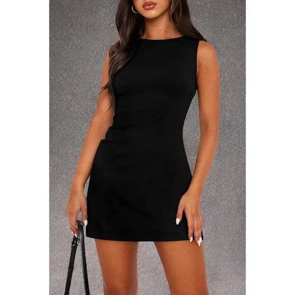 Women Summer Sleeveless Boat Neck Mini A Black Dress Slim Party Bodycon Dress Women Summer Sleeveless Boat Neck Mini A Black Dress Slim Party Bodycon Dress